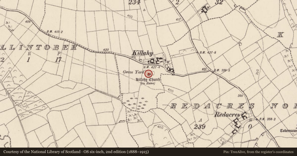 Ordnance Survey six-inch map, 2nd edition (1888–1915) covering the location of Church, Killahy, County Kilkenny, with a pin at the register's coordinates