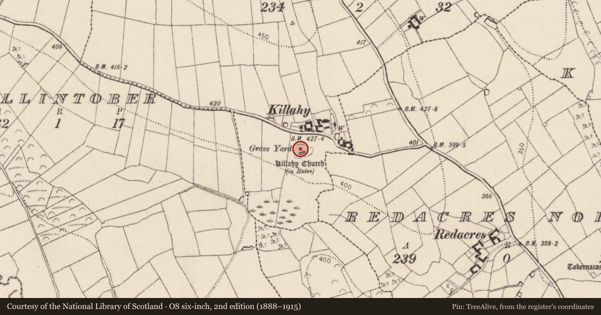 Ordnance Survey six-inch map, 2nd edition (1888–1915) covering the location of Graveyard, Killahy, County Kilkenny, with a pin at the register's coordinates