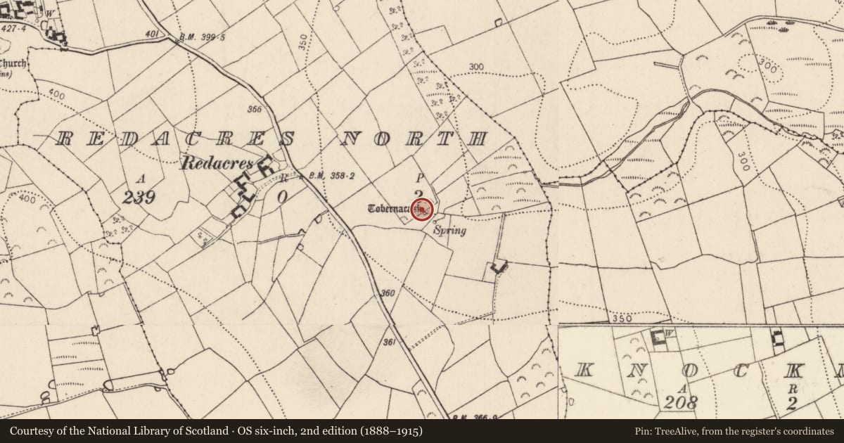 Ordnance Survey six-inch map, 2nd edition (1888–1915) covering the location of Ritual site - holy well, Redacres North, County Kilkenny, with a pin at the register's coordinates