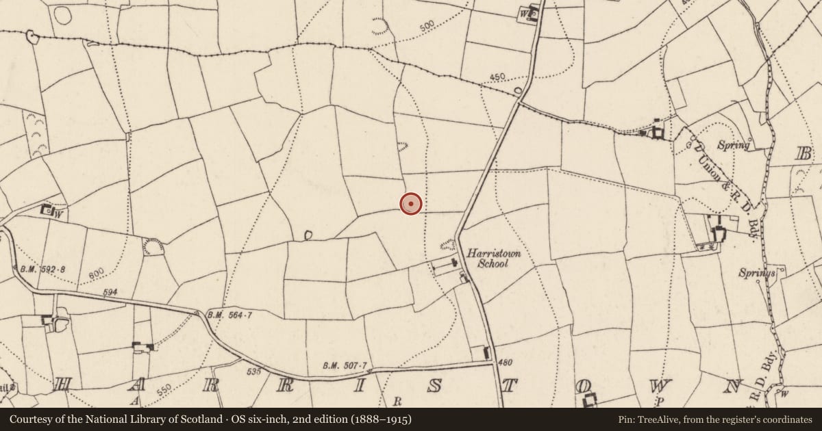 Ordnance Survey six-inch map, 2nd edition (1888–1915) covering the location of Ringfort - unclassified, Harristown, County Kilkenny, with a pin at the register's coordinates