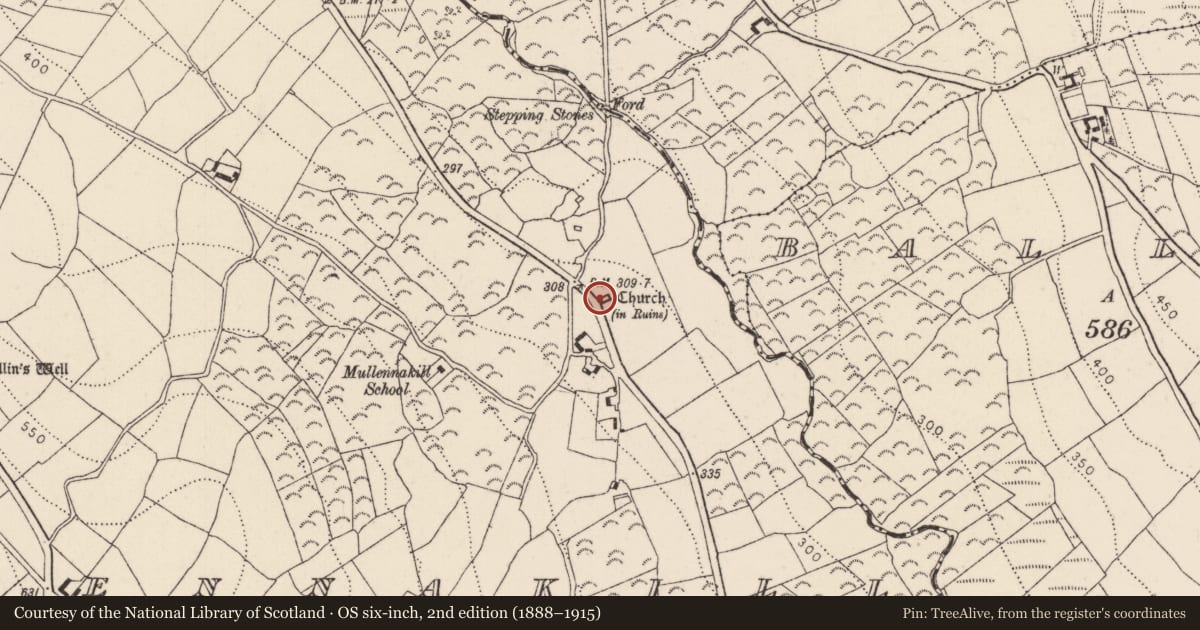 Ordnance Survey six-inch map, 2nd edition (1888–1915) covering the location of Church, Mullennakill, County Kilkenny, with a pin at the register's coordinates