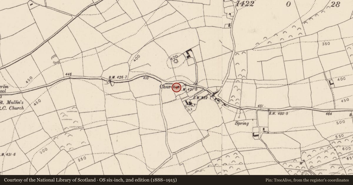 Ordnance Survey six-inch map, 2nd edition (1888–1915) covering the location of Graveyard, Listerlin, County Kilkenny, with a pin at the register's coordinates