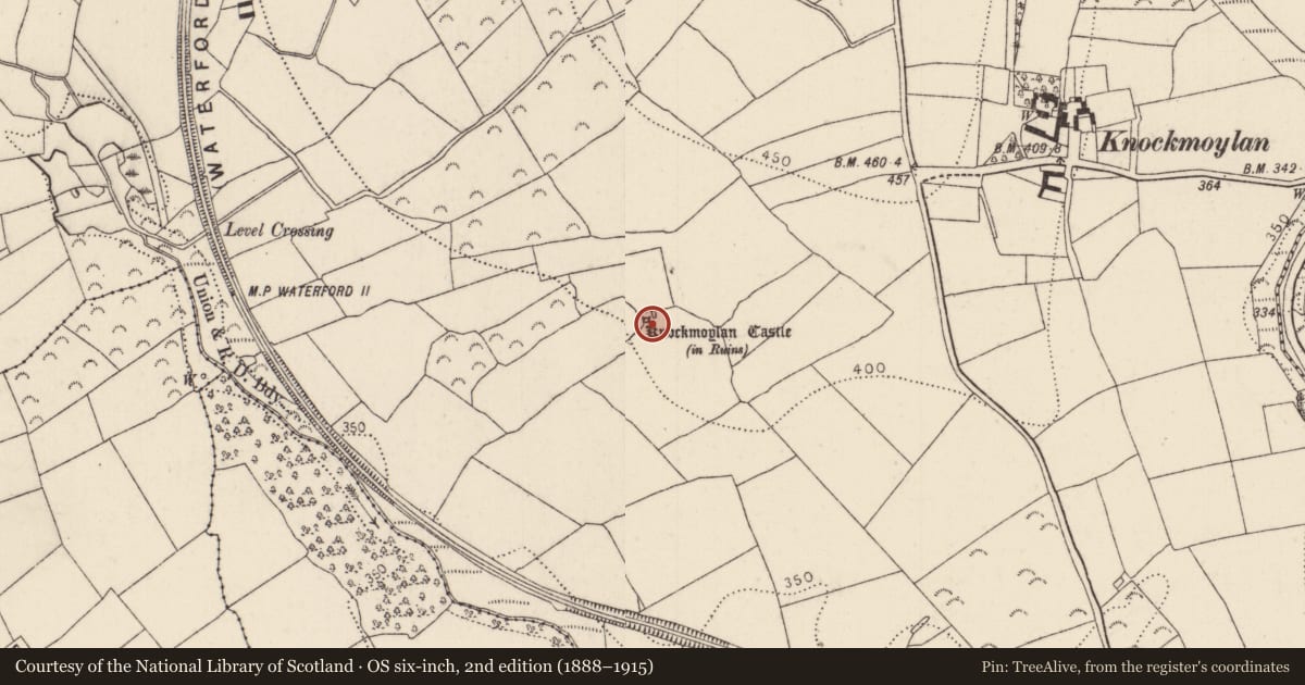 Ordnance Survey six-inch map, 2nd edition (1888–1915) covering the location of Castle - unclassified, Knockmoylan, County Kilkenny, with a pin at the register's coordinates