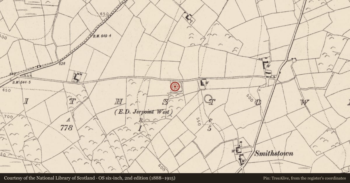 Ordnance Survey six-inch map, 2nd edition (1888–1915) covering the location of Building, Smithstown, County Kilkenny, with a pin at the register's coordinates