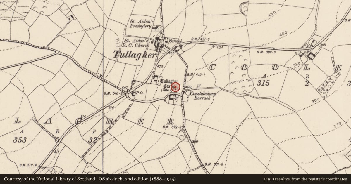 Ordnance Survey six-inch map, 2nd edition (1888–1915) covering the location of Castle - unclassified, Tullagher, County Kilkenny, with a pin at the register's coordinates