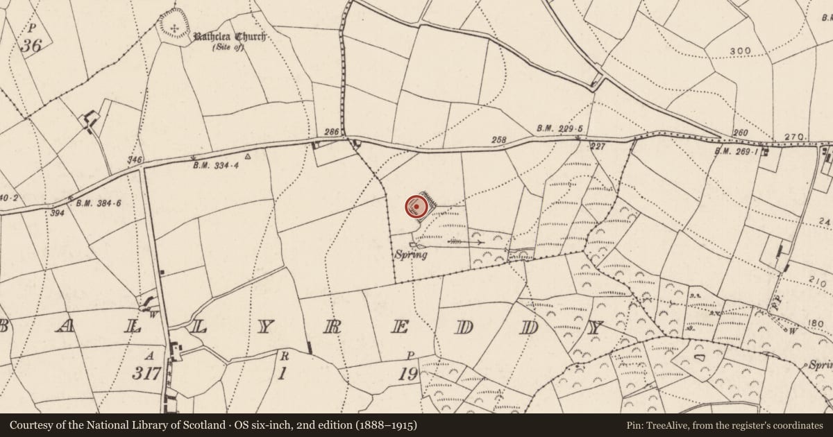 Ordnance Survey six-inch map, 2nd edition (1888–1915) covering the location of Souterrain, Ballyknock, County Kilkenny, with a pin at the register's coordinates