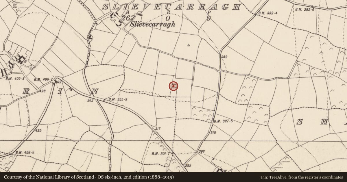 Ordnance Survey six-inch map, 2nd edition (1888–1915) covering the location of Ringfort - unclassified, Slievecarragh, County Kilkenny, with a pin at the register's coordinates
