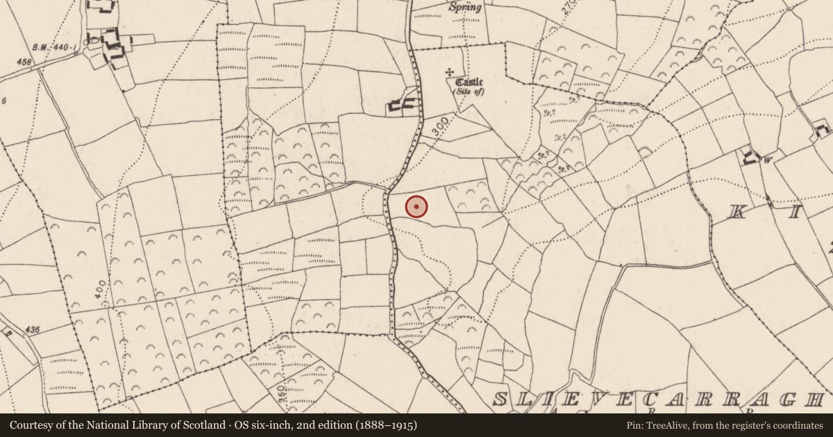 Ordnance Survey six-inch map, 2nd edition (1888–1915) covering the location of Fulacht fia, Slievecarragh, County Kilkenny, with a pin at the register's coordinates