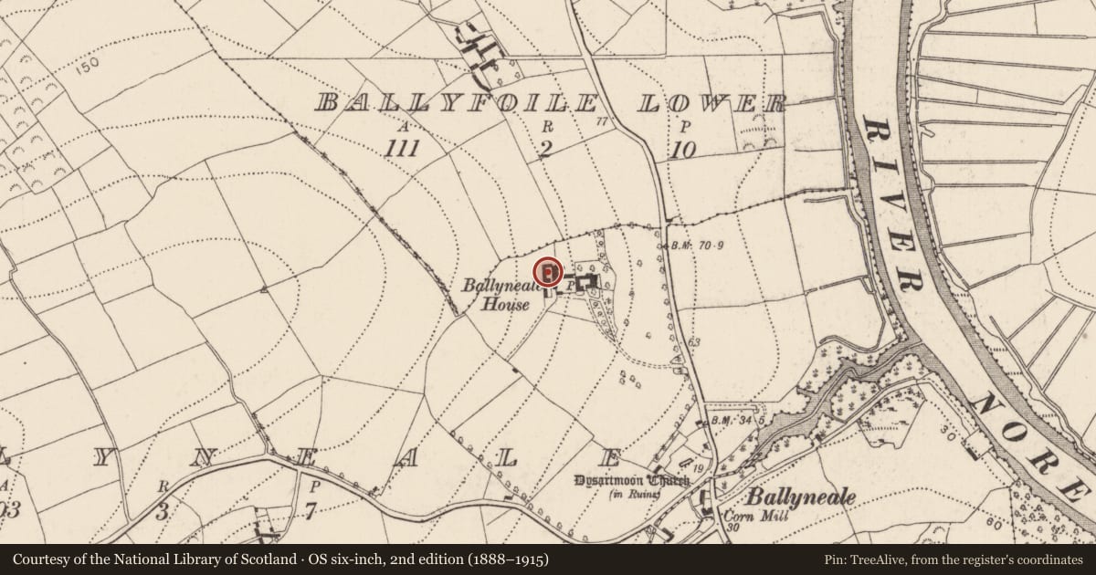Ordnance Survey six-inch map, 2nd edition (1888–1915) covering the location of House - 17th century, Ballyneale, County Kilkenny, with a pin at the register's coordinates