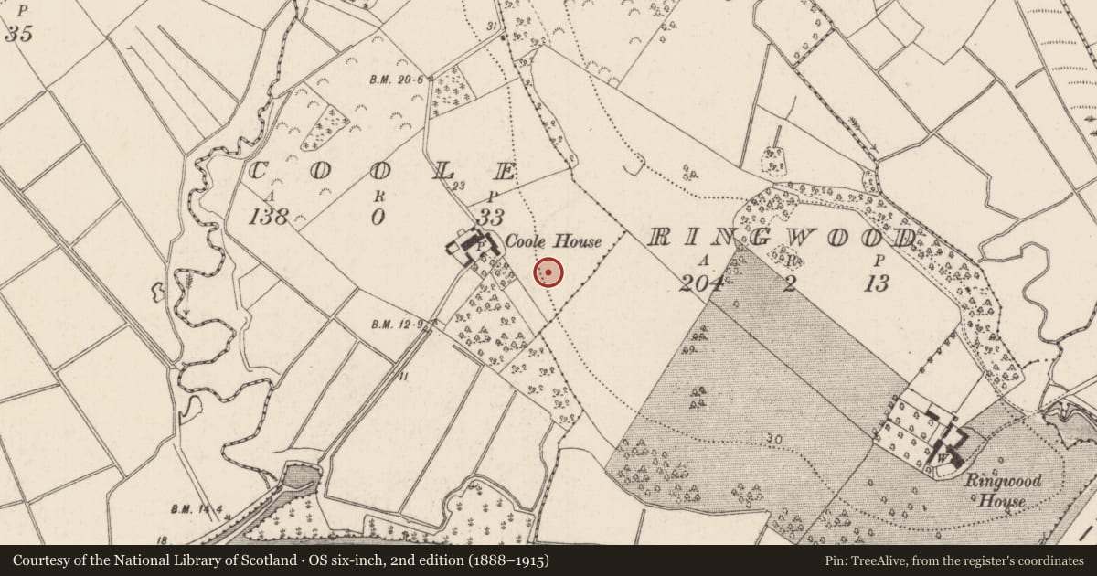 Ordnance Survey six-inch map, 2nd edition (1888–1915) covering the location of Enclosure, Coole, County Kilkenny, with a pin at the register's coordinates