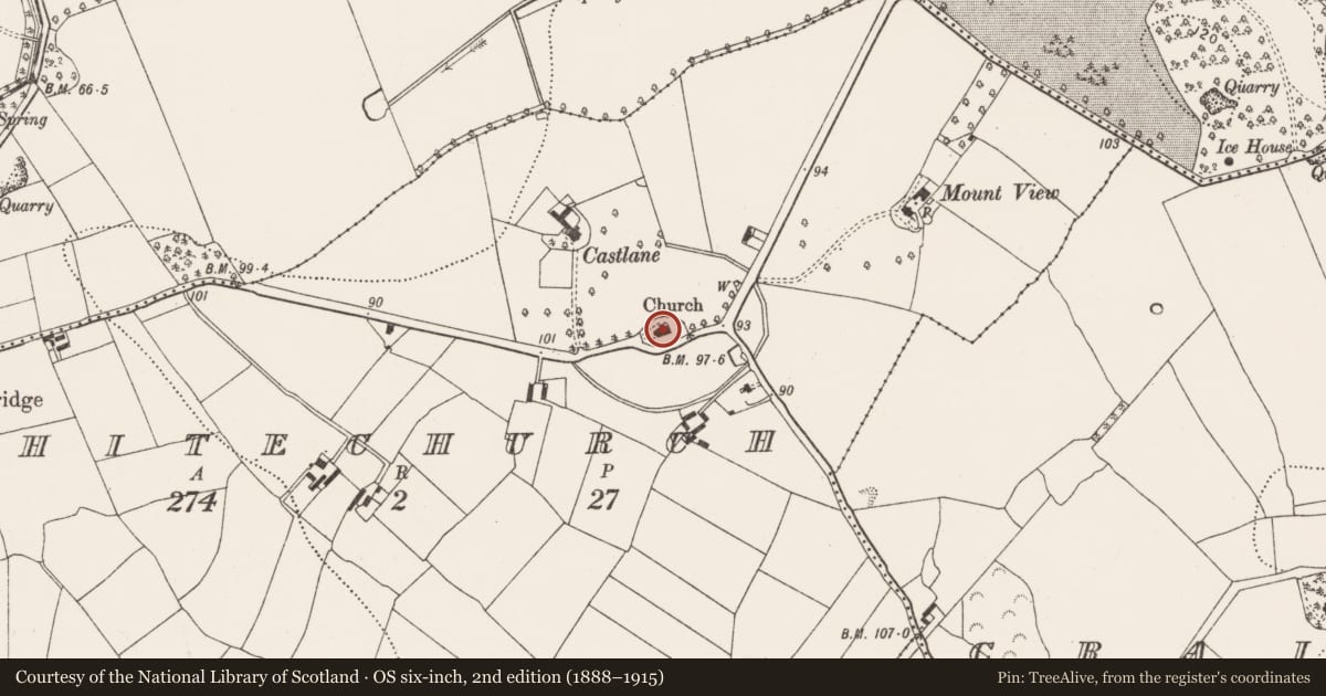 Ordnance Survey six-inch map, 2nd edition (1888–1915) covering the location of Mound, Whitechurch, County Kilkenny, with a pin at the register's coordinates