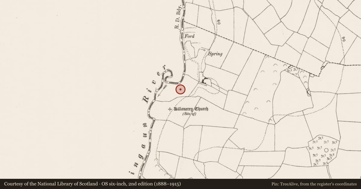 Ordnance Survey six-inch map, 2nd edition (1888–1915) covering the location of Mound, Killonerry, County Kilkenny, with a pin at the register's coordinates