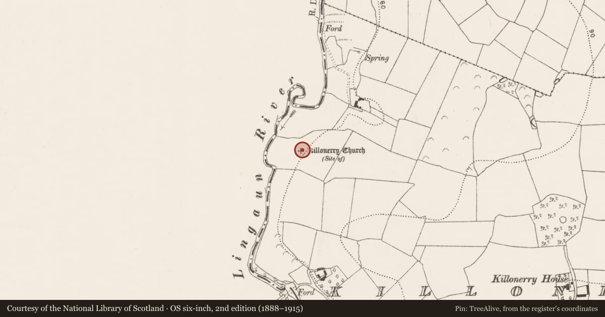 Ordnance Survey six-inch map, 2nd edition (1888–1915) covering the location of Bullaun stone, Killonerry, County Kilkenny, with a pin at the register's coordinates
