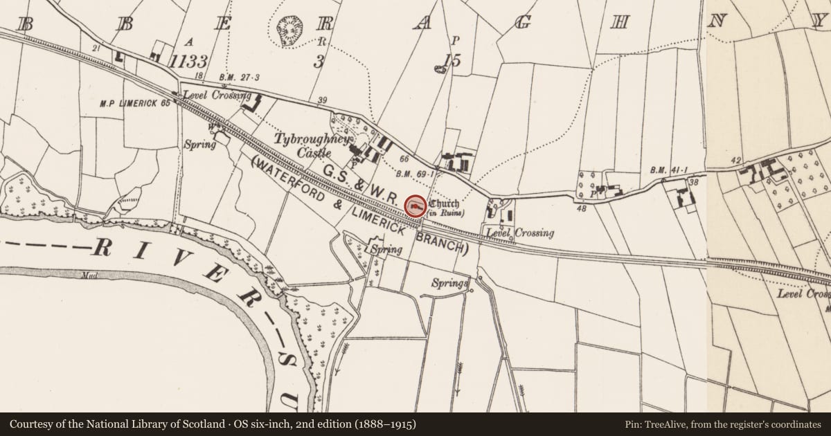 Ordnance Survey six-inch map, 2nd edition (1888–1915) covering the location of Church, Tibberaghny, County Kilkenny, with a pin at the register's coordinates