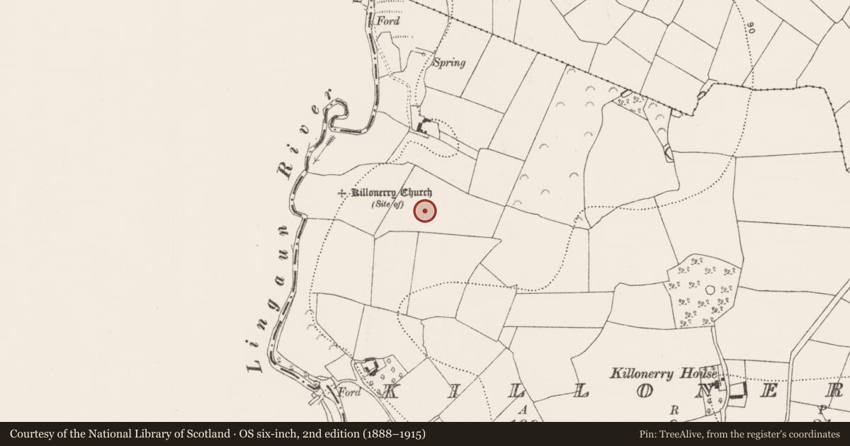 Ordnance Survey six-inch map, 2nd edition (1888–1915) covering the location of Souterrain, Killonerry, County Kilkenny, with a pin at the register's coordinates