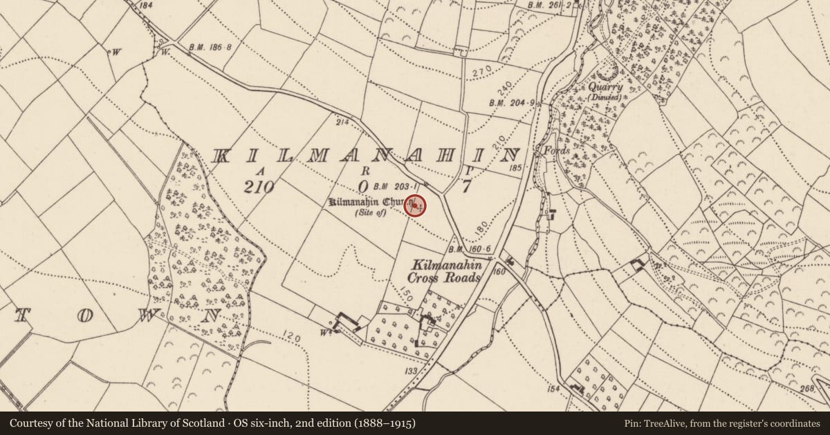 Ordnance Survey six-inch map, 2nd edition (1888–1915) covering the location of Enclosure, Kilmanahin, County Kilkenny, with a pin at the register's coordinates