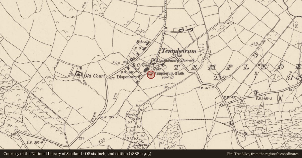 Ordnance Survey six-inch map, 2nd edition (1888–1915) covering the location of Earthwork, Templeorum, County Kilkenny, with a pin at the register's coordinates