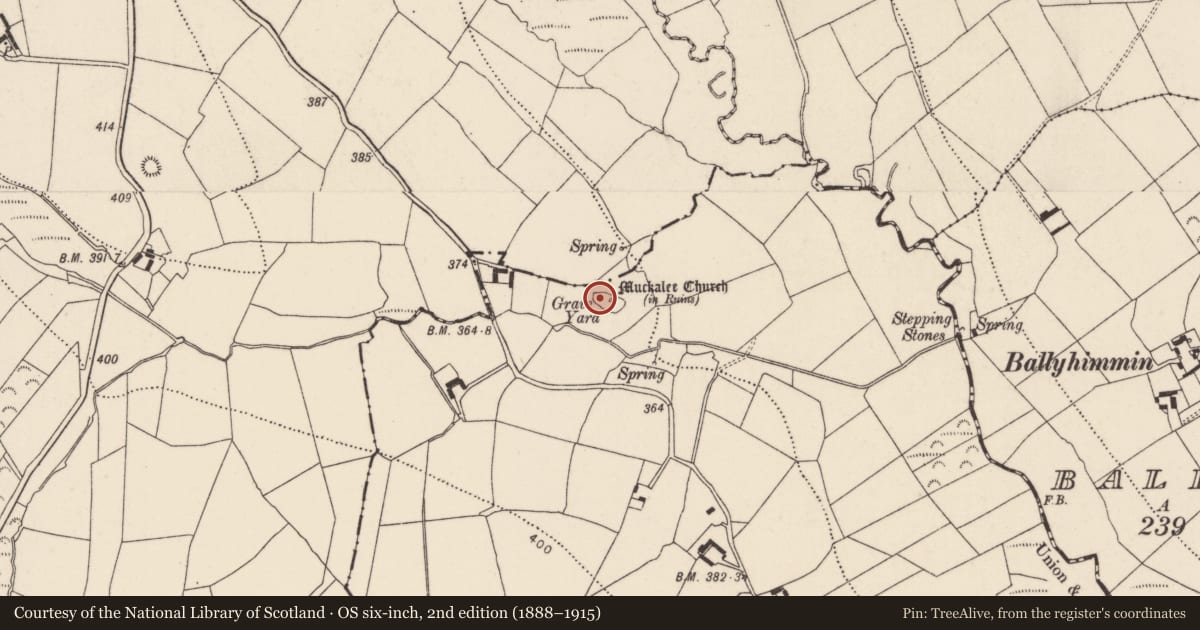 Ordnance Survey six-inch map, 2nd edition (1888–1915) covering the location of Church, Garrygaug, County Kilkenny, with a pin at the register's coordinates