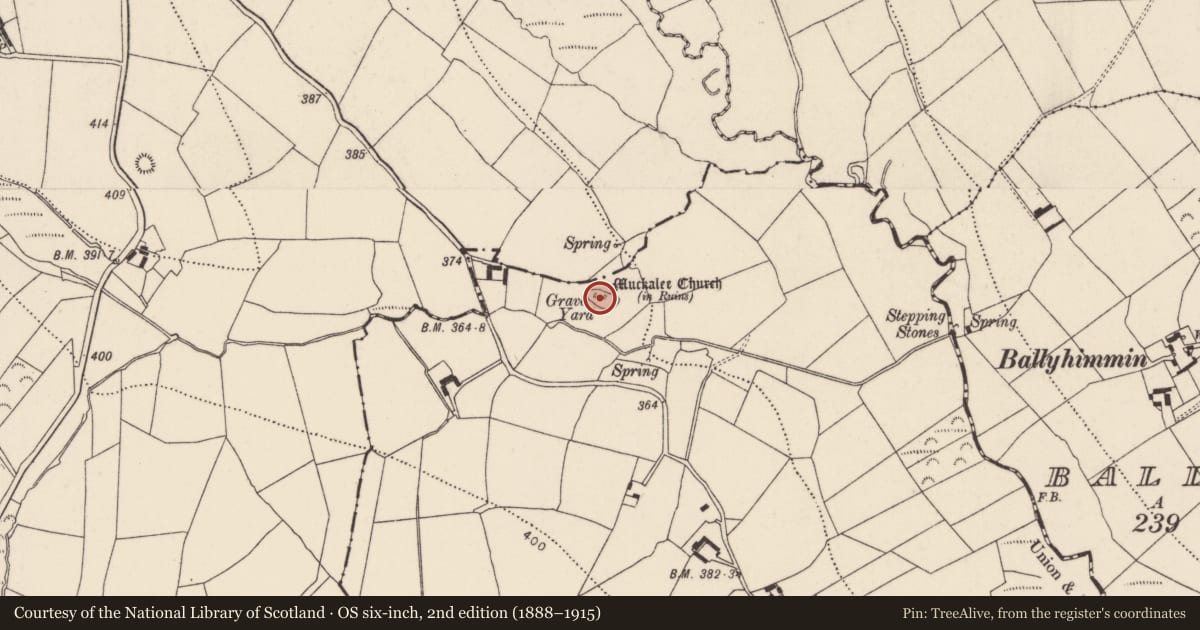 Ordnance Survey six-inch map, 2nd edition (1888–1915) covering the location of Graveyard, Garrygaug, County Kilkenny, with a pin at the register's coordinates