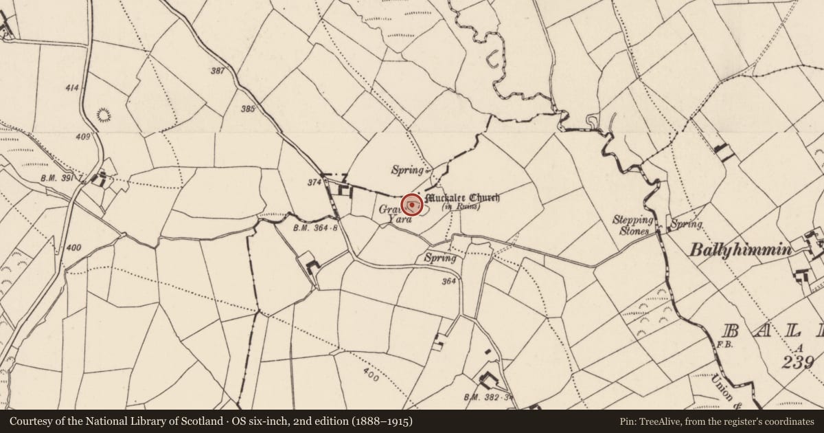 Ordnance Survey six-inch map, 2nd edition (1888–1915) covering the location of Font, Garrygaug, County Kilkenny, with a pin at the register's coordinates