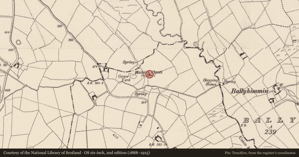 Ordnance Survey six-inch map, 2nd edition (1888–1915) covering the location of Ritual site - holy well, Garrygaug, County Kilkenny, with a pin at the register's coordinates