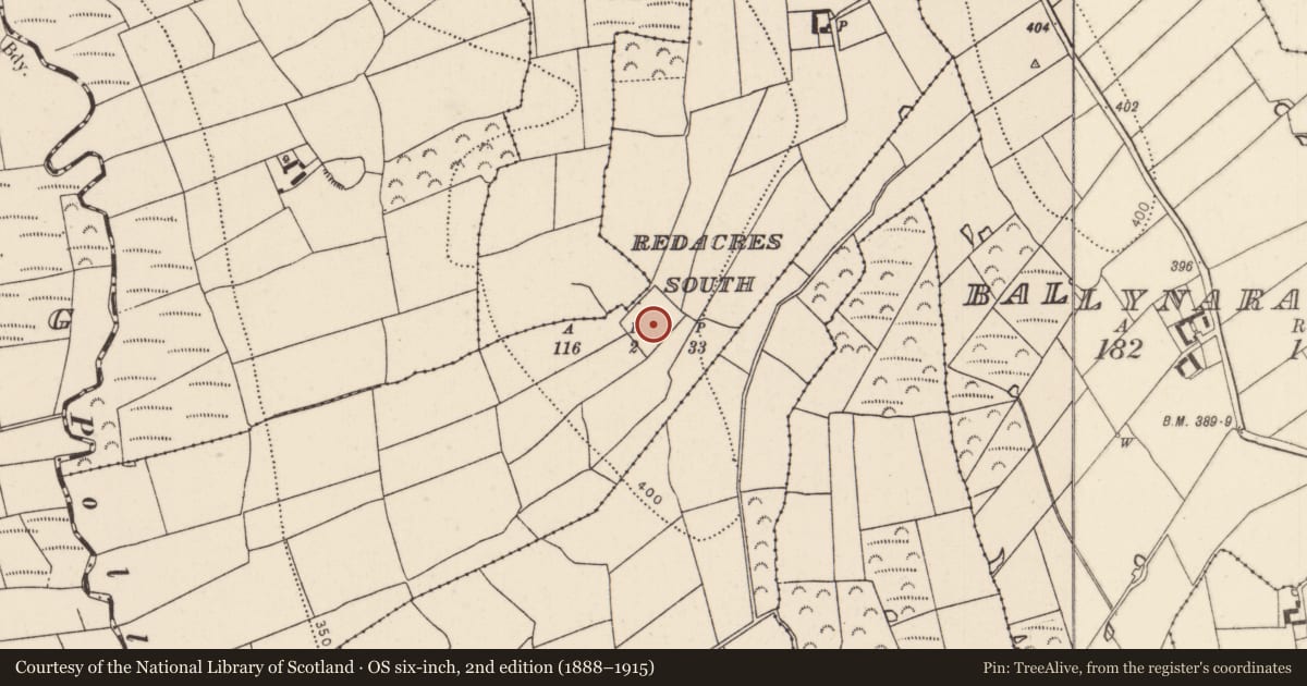 Ordnance Survey six-inch map, 2nd edition (1888–1915) covering the location of Enclosure, Redacres South, County Kilkenny, with a pin at the register's coordinates