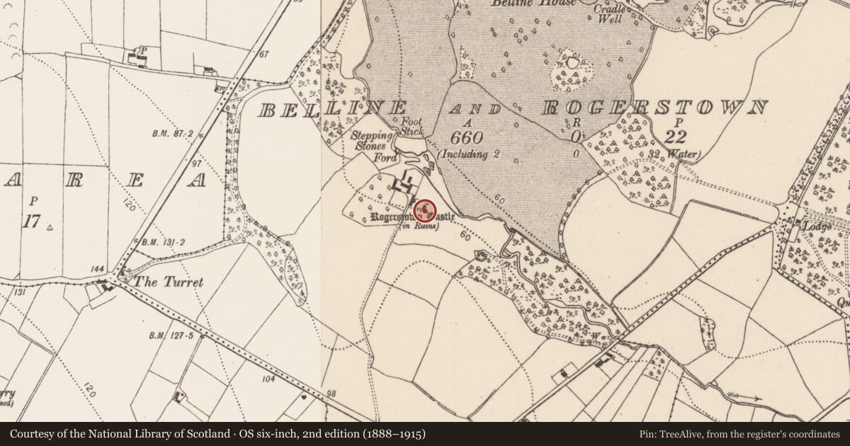 Ordnance Survey six-inch map, 2nd edition (1888–1915) covering the location of Castle - tower house, Belline And Rogerstown, County Kilkenny, with a pin at the register's coordinates