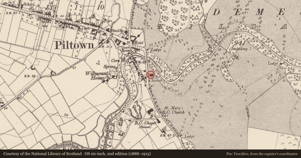 Ordnance Survey six-inch map, 2nd edition (1888–1915) covering the location of Graveslab (present location), Kildalton, County Kilkenny, with a pin at the register's coordinates