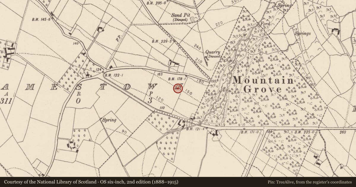 Ordnance Survey six-inch map, 2nd edition (1888–1915) covering the location of Fulacht fia, Jamestown, County Kilkenny, with a pin at the register's coordinates