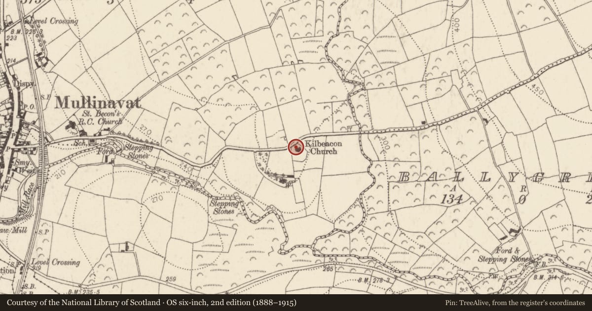 Ordnance Survey six-inch map, 2nd edition (1888–1915) covering the location of Church, Garrandarragh, County Kilkenny, with a pin at the register's coordinates