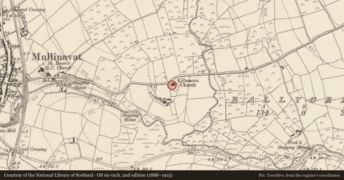 Ordnance Survey six-inch map, 2nd edition (1888–1915) covering the location of Graveyard, Garrandarragh, County Kilkenny, with a pin at the register's coordinates