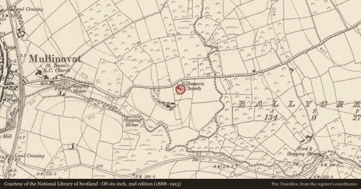 Ordnance Survey six-inch map, 2nd edition (1888–1915) covering the location of Bullaun stone, Garrandarragh, County Kilkenny, with a pin at the register's coordinates