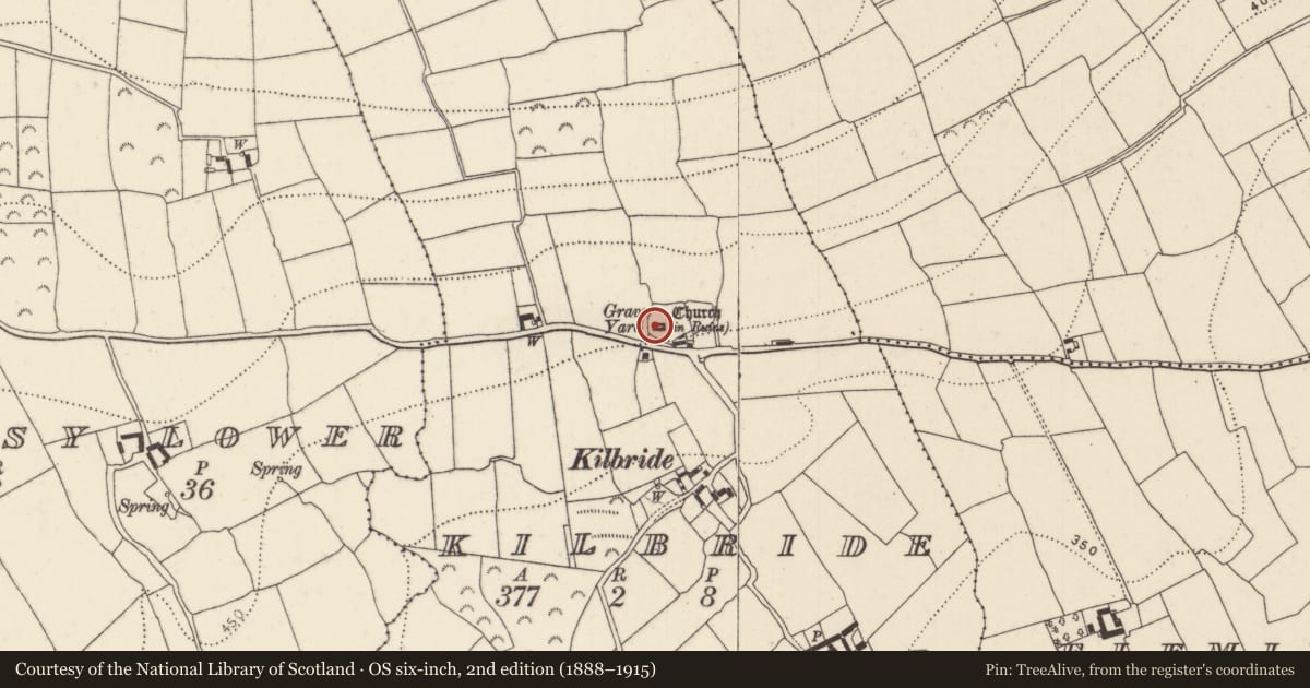 Ordnance Survey six-inch map, 2nd edition (1888–1915) covering the location of Church, Kilbride, County Kilkenny, with a pin at the register's coordinates