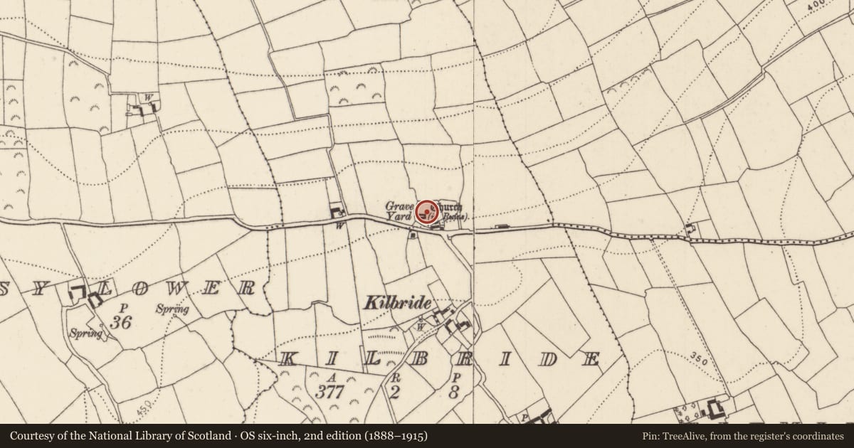 Ordnance Survey six-inch map, 2nd edition (1888–1915) covering the location of Graveyard, Kilbride, County Kilkenny, with a pin at the register's coordinates
