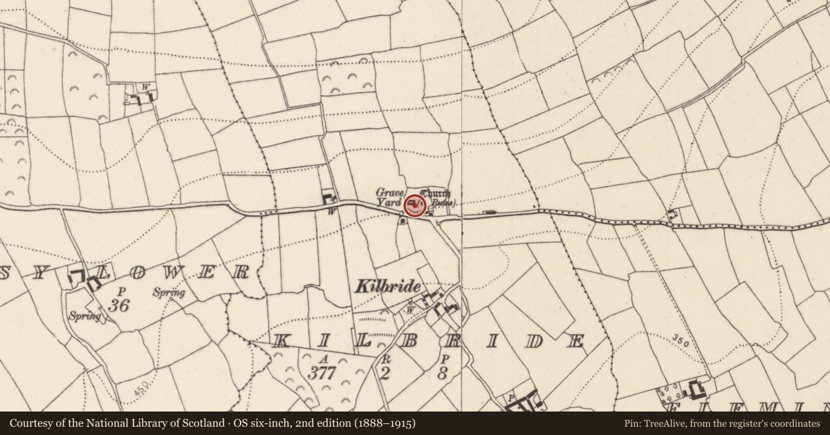 Ordnance Survey six-inch map, 2nd edition (1888–1915) covering the location of Font, Kilbride, County Kilkenny, with a pin at the register's coordinates
