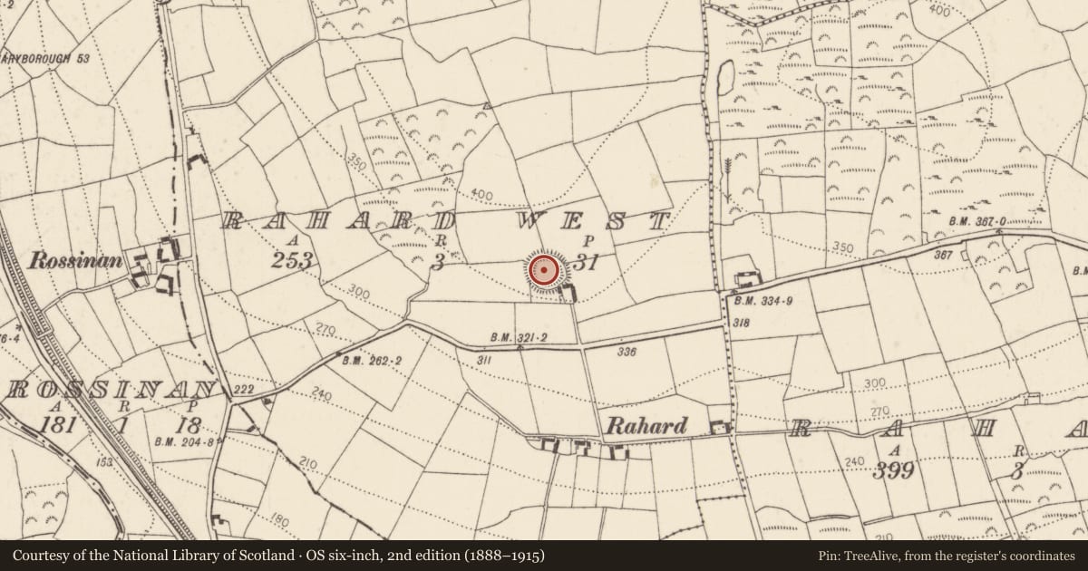 Ordnance Survey six-inch map, 2nd edition (1888–1915) covering the location of Ringfort - rath, Rahard West, County Kilkenny, with a pin at the register's coordinates