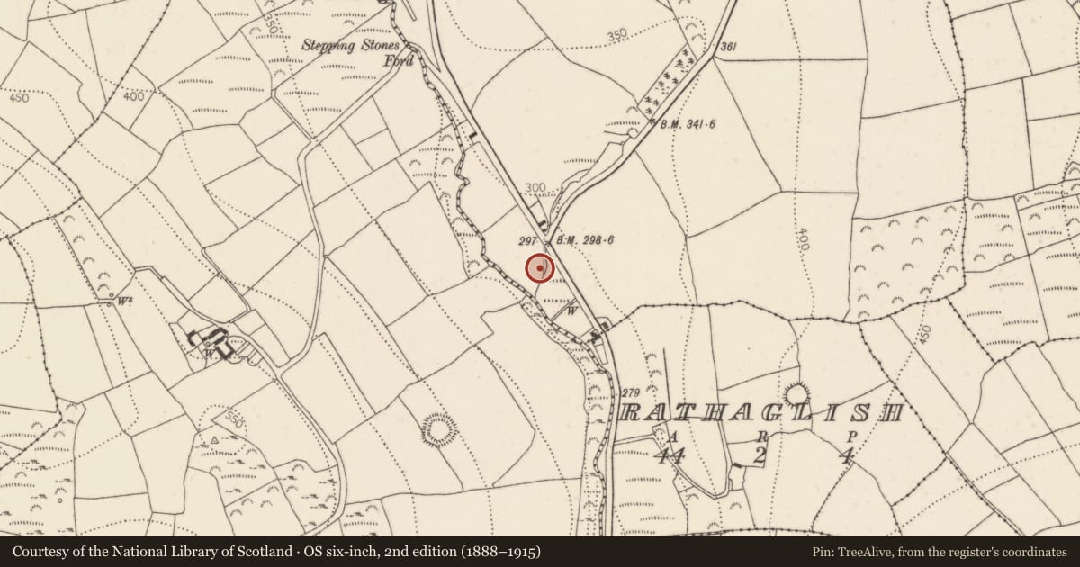 Ordnance Survey six-inch map, 2nd edition (1888–1915) covering the location of Fulacht fia, Knockbrack, County Kilkenny, with a pin at the register's coordinates