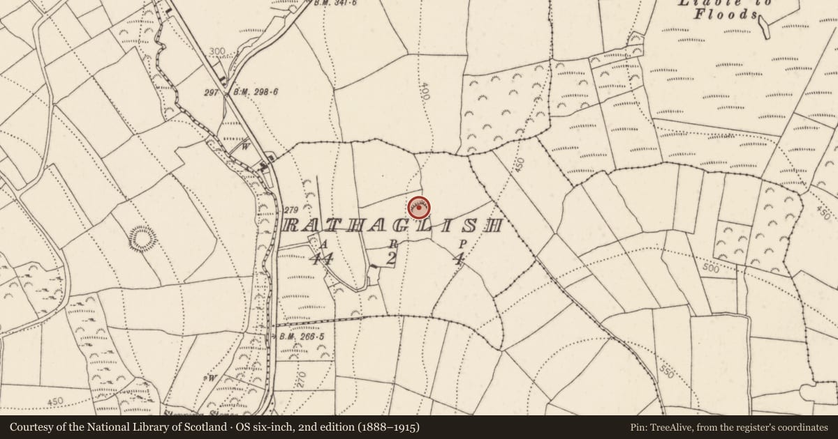 Ordnance Survey six-inch map, 2nd edition (1888–1915) covering the location of Barrow - ring-barrow, Rathaglish, County Kilkenny, with a pin at the register's coordinates
