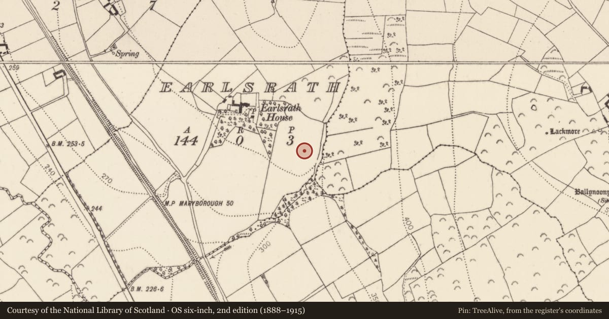 Ordnance Survey six-inch map, 2nd edition (1888–1915) covering the location of Enclosure, Earlsrath, County Kilkenny, with a pin at the register's coordinates