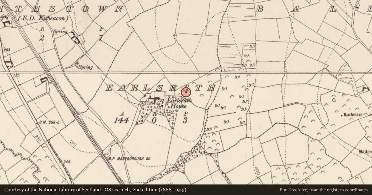 Ordnance Survey six-inch map, 2nd edition (1888–1915) covering the location of House - Neolithic, Earlsrath, County Kilkenny, with a pin at the register's coordinates
