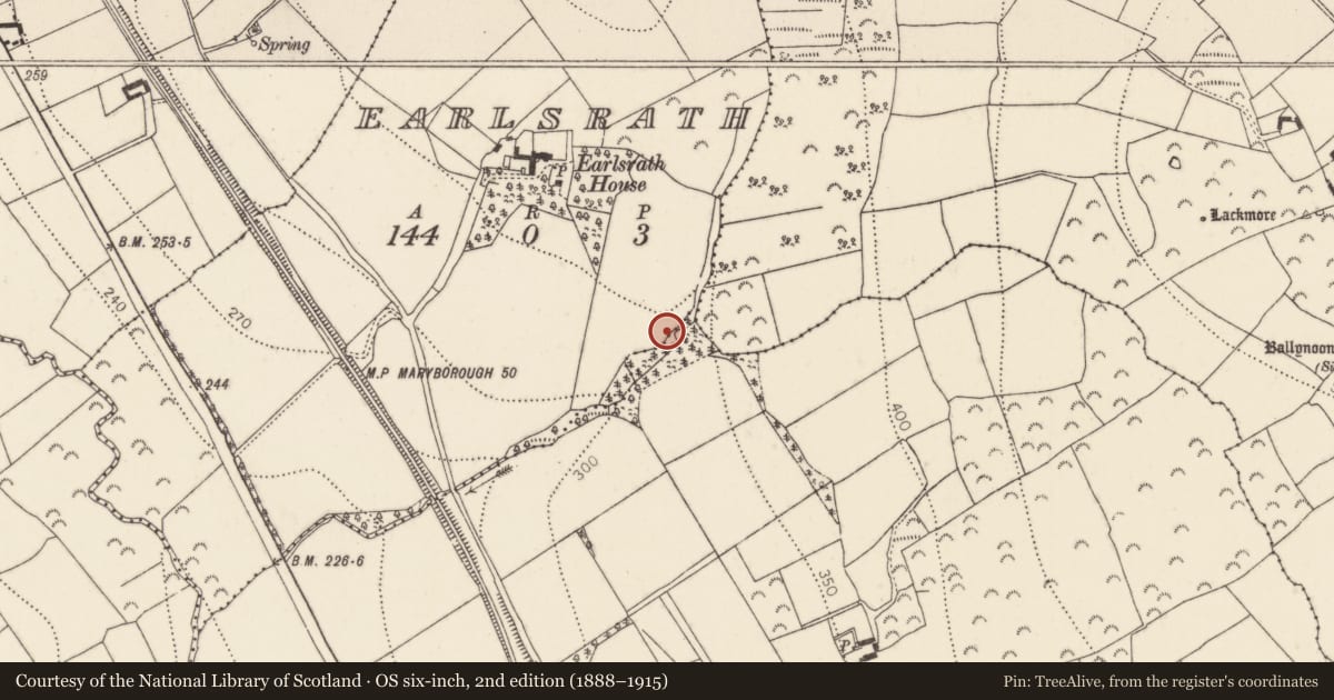 Ordnance Survey six-inch map, 2nd edition (1888–1915) covering the location of Fulacht fia, Earlsrath, County Kilkenny, with a pin at the register's coordinates