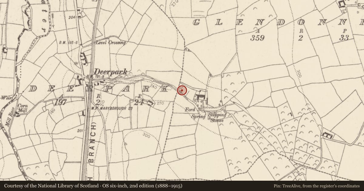 Ordnance Survey six-inch map, 2nd edition (1888–1915) covering the location of Fulacht fia, Glendonnell, County Kilkenny, with a pin at the register's coordinates