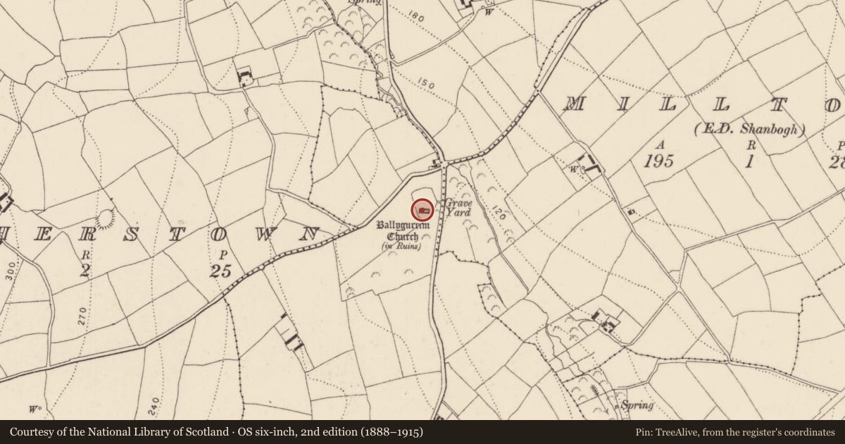 Ordnance Survey six-inch map, 2nd edition (1888–1915) covering the location of Font, Jamestown, County Kilkenny, with a pin at the register's coordinates