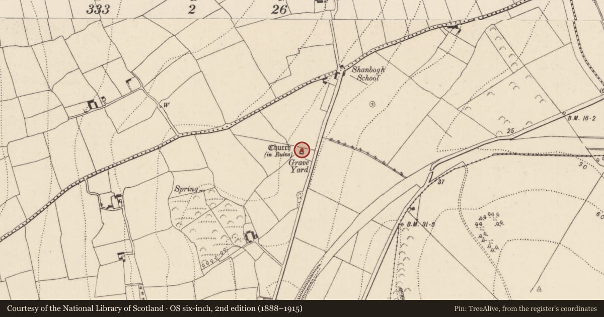 Ordnance Survey six-inch map, 2nd edition (1888–1915) covering the location of Church, Shanbogh Upper, County Kilkenny, with a pin at the register's coordinates