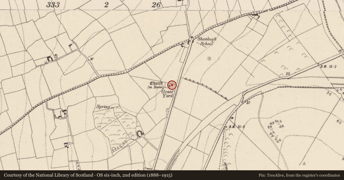 Ordnance Survey six-inch map, 2nd edition (1888–1915) covering the location of Architectural fragment, Shanbogh Upper, County Kilkenny, with a pin at the register's coordinates