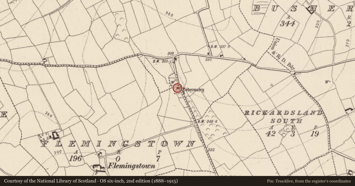 Ordnance Survey six-inch map, 2nd edition (1888–1915) covering the location of Ritual site - holy well, Flemingstown, County Kilkenny, with a pin at the register's coordinates