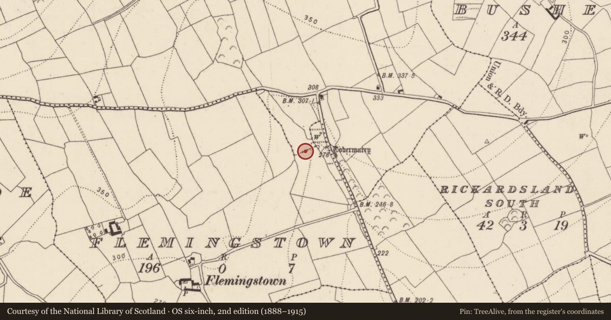 Ordnance Survey six-inch map, 2nd edition (1888–1915) covering the location of Ritual site - holy well, Flemingstown, County Kilkenny, with a pin at the register's coordinates