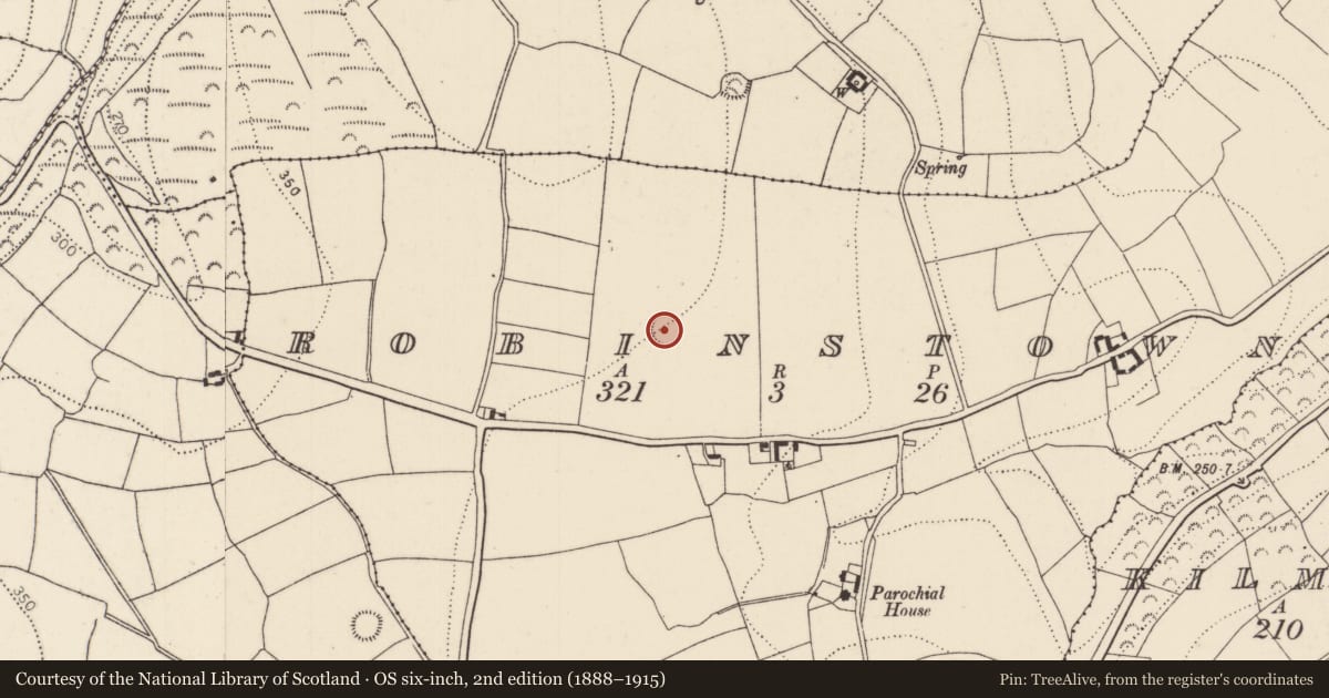 Ordnance Survey six-inch map, 2nd edition (1888–1915) covering the location of Ringfort - rath, Robinstown, County Kilkenny, with a pin at the register's coordinates