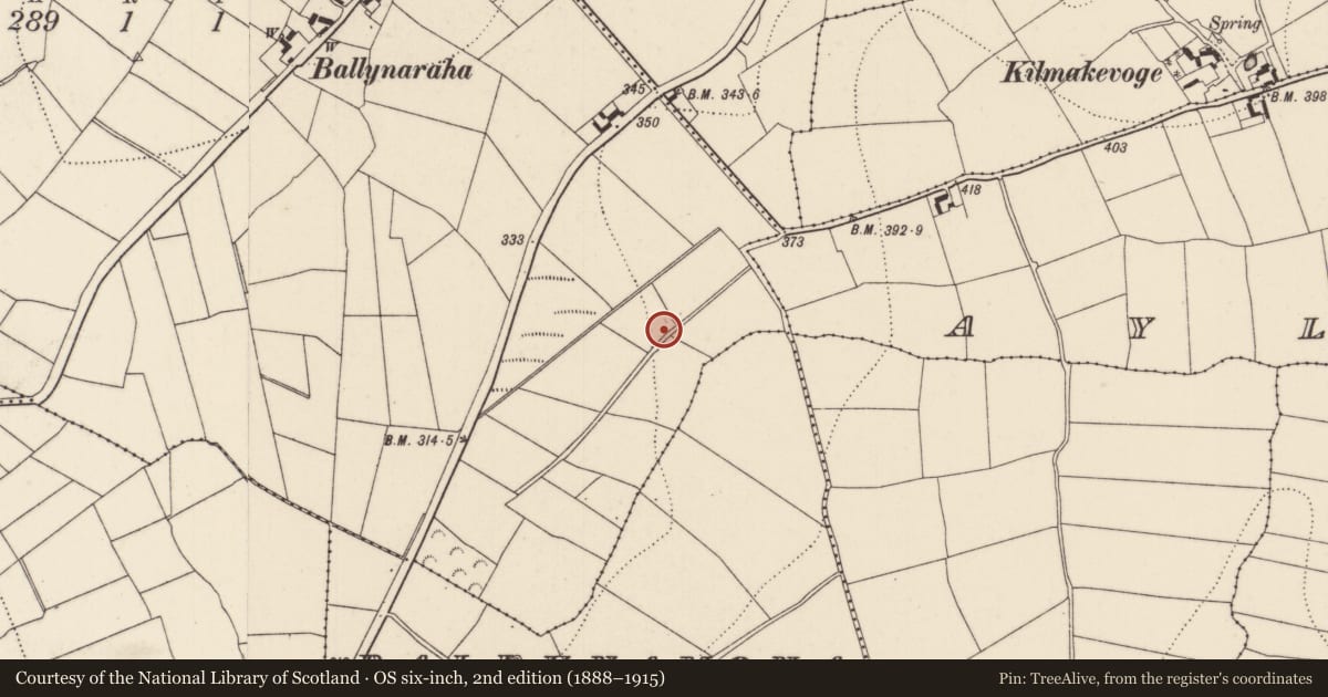 Ordnance Survey six-inch map, 2nd edition (1888–1915) covering the location of Fulacht fia, Ballynaraha, County Kilkenny, with a pin at the register's coordinates