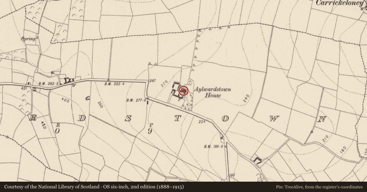 Ordnance Survey six-inch map, 2nd edition (1888–1915) covering the location of House - 16th/17th century, Aylwardstown, County Kilkenny, with a pin at the register's coordinates